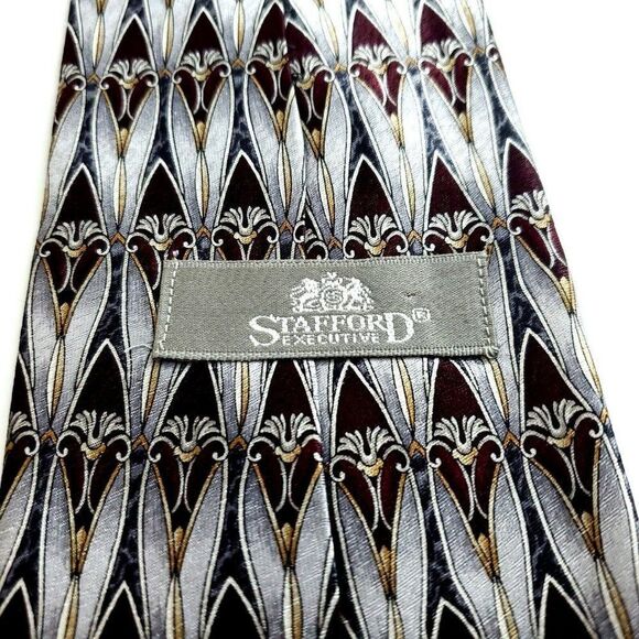 Stafford Executive Collection Gray Maroon Red  Wide Silk Tie - Picture 3 of 6